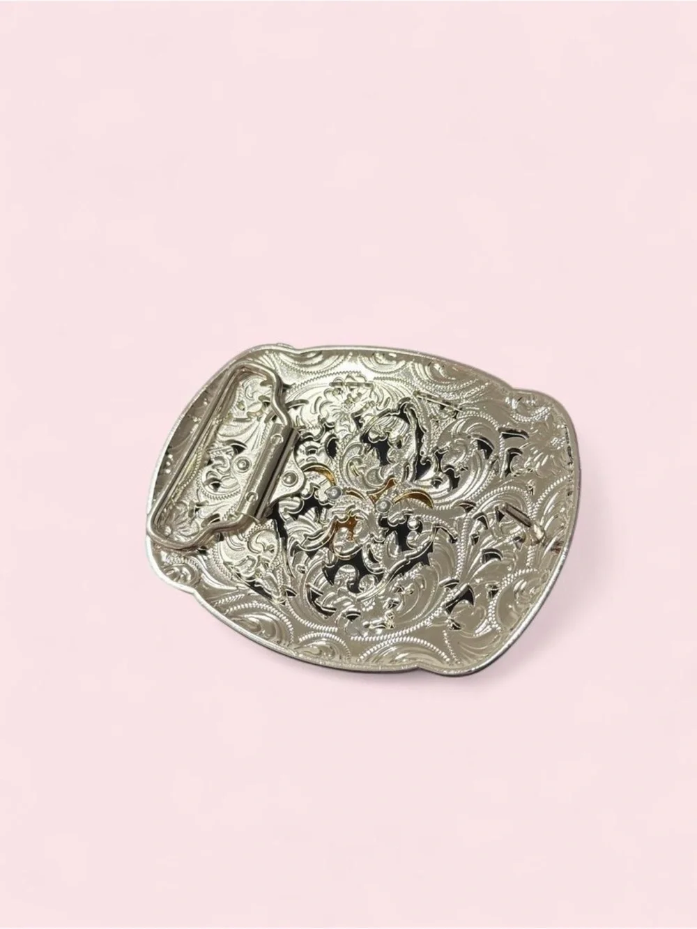Silver and Gold Longhorn Western Belt Buckle with Pink Stones